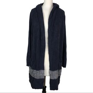 Barefoot Dreams CozyChic Lite Open Cardigan Sweater Hood Pockets Navy Gray